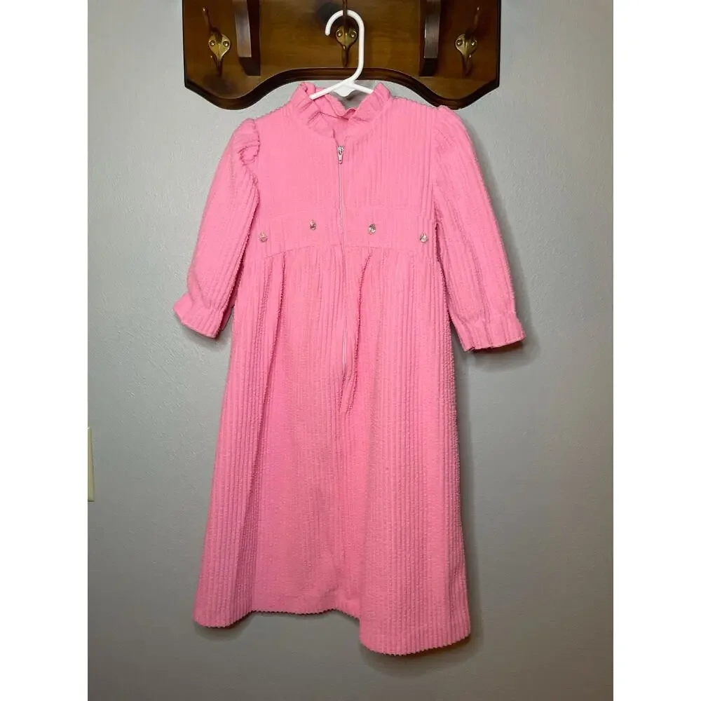 Vintage Pink Ribbed Zipper Robe with Flower Appliques - Picture 2 of 5